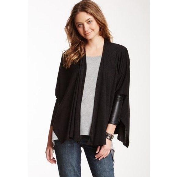 Dkny Sweaters - DKNY Jeans Faux Leather Cuff Open Front Cardigan
